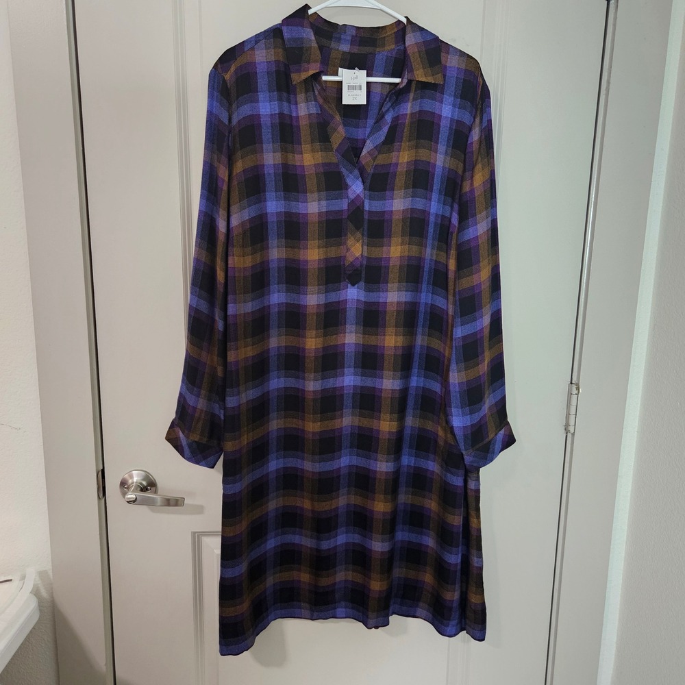 J. Jill Womens 2X Plaid Rayon Tunic Dress‎ Black Purple Blue Gold NWT NEW